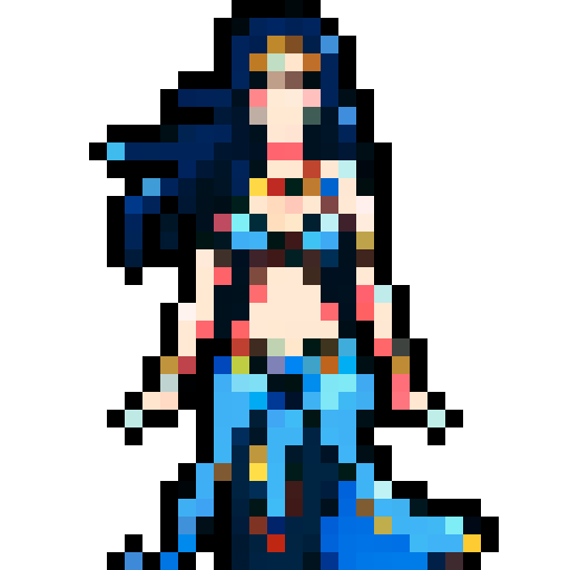 Beautiful cartoon wearing a blue belly dancer outfit and she has long black hair 