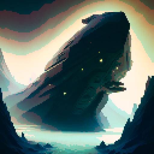 Surrealist, with muted colors and distorted shapes - A sea serpent slithers through a river that winds through jagged mountains, its scales shimmering like opals in the muted, surreal landscape.