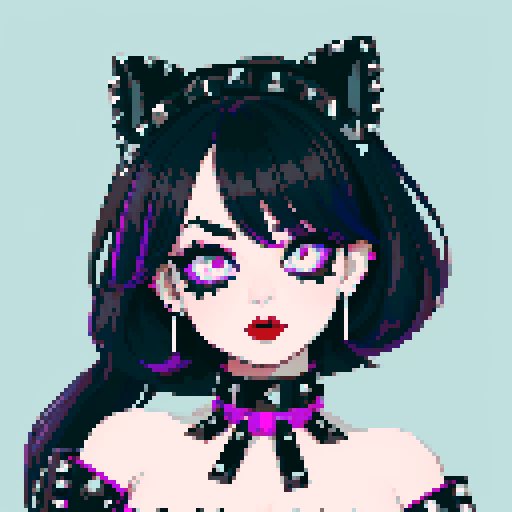 curvy, cute busty goth girl's face, whole head portrait, black hair, purple eyeshadow, red lipstick, low cut black studded leather halter top, studded collar, vibrant sRGB colors, edgy aesthetic. 