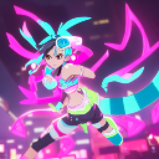 Akali, clad in neon pink and turquoise, sprints through a rain-soaked cityscape, her twin kamas glinting in the flickering street lights, ready to face any foe that dares to cross her path.