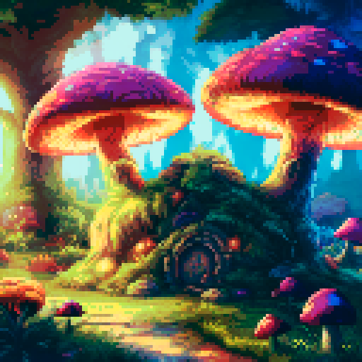 fantasy mushroom hut with fairies flying, whimsical pastel-colored leaves, light shining through trees, landscape

