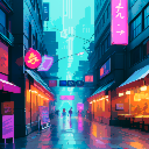 Night Street scene with neon bars,  Neon signage, tile and brick.