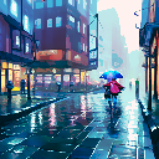 colorful umbrellas, wet cobblestone streets, towering skyscrapers, shimmering reflections in puddles, misty neon lights, people huddled under awnings, rain-soaked flowers, silhouettes of city dwellers with umbrellas, cascading water droplets on windows, a foggy skyline