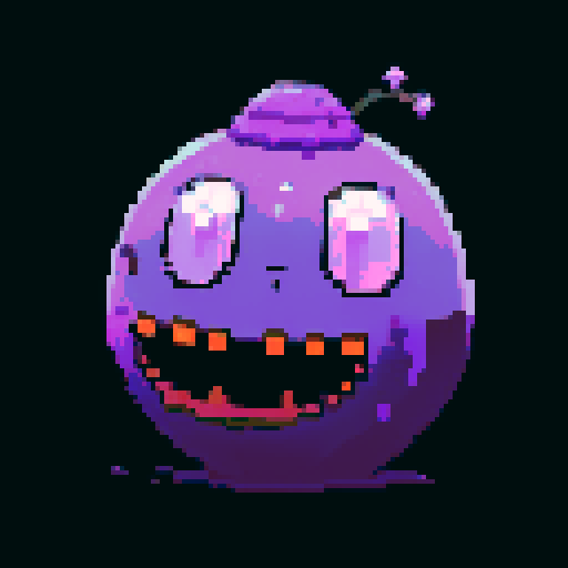 A massive, ominous slime with a dark purple hue and a noxious aura. It has glowing red eyes and a threatening expression, with toxic fumes emanating from its body. No background.
