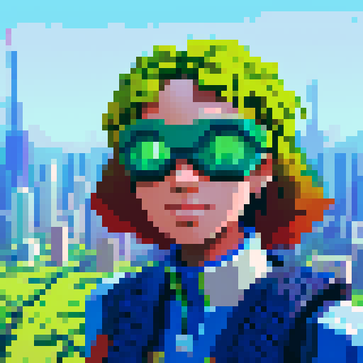 solarpunk American messiah, vibrant colors, lush greenery, futuristic cityscape, towering solar panels, gleaming skyscrapers, pixel art, sRGB