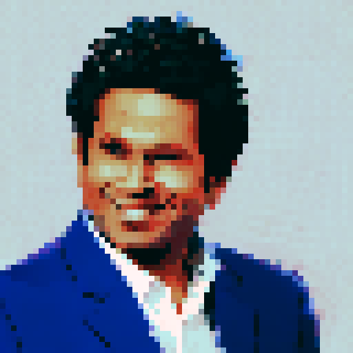 Pixel art close-up of Sachin Tendulkar, the legendary cricketer, skillfully dribbling a football in an anime style character portrait.
