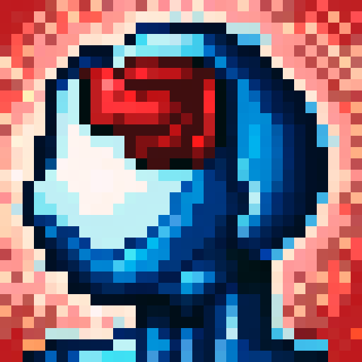 Blue and silver humanoid robot with a red visor, its skeletal form emphasized through skillful 32x32 pixel art in a close-up portrait style reminiscent of a game icon.