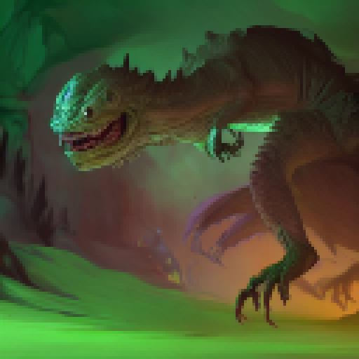 A fearsome Chupacabron with scaly, gray-green skin, sharp fangs, and bloodstained claws lurks in the shadows, ready to pounce on its next victim; its glowing red eyes and hot, fetid breath make it a terrifying predator in the realm of Fantasy RPG.