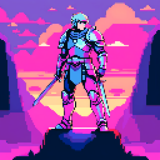 Paladin in shining armor, wielding a sword and shield, surrounded by a mystical aura, standing atop a cliff overlooking a pixelated landscape, with a vibrant sRGB color palette