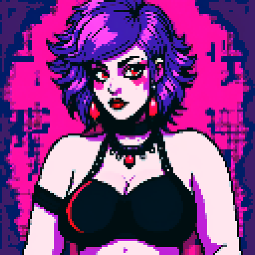 Plus size busty goth girl face, purple hair, black eyeshadow, red lipstick, bikini, studded collar, sexy seductive glamour shot. vibrant srgb colors, pixel art, edgy aesthetic