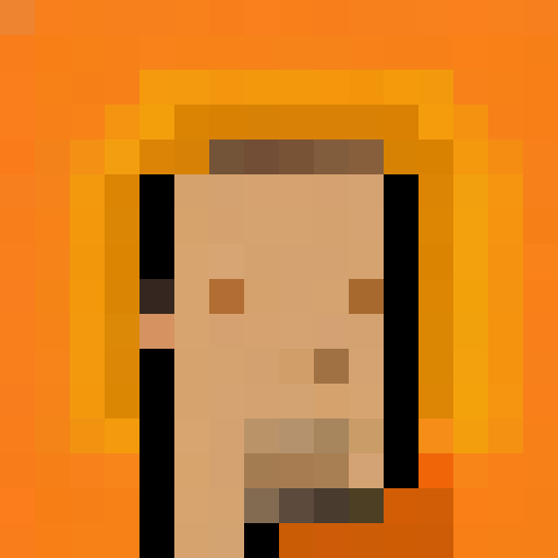 A pixel art portrait of a person with a neutral expression, featuring a minimalist design with light skin tone, brown eyes, and black hair. There are shiny spots on the forehead and cheek to indicate lighting, set against a solid orange background. The style is reminiscent of early video game characters, with a square aspect ratio.