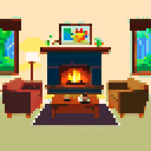 Cozy living room, crackling fireplace, warm glow, comfortable sofa, cute little frog, tiny feet dangling, content expression, small coffee table, steaming cup of coffee, aroma wafting, frog holding coffee, pixel art, cute, masterpiece