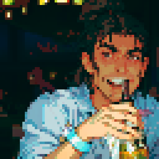 handsome, long-haired guy, beer, vibrant colors, detailed pixel art, sRGB
