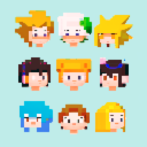neutral, happy, angry, surprised, and sad talking heads with clean, defined pixel outlines in a Pokémon-inspired style, showcasing their outfits and hairstyles, complemented by a vibrant and balanced color palette