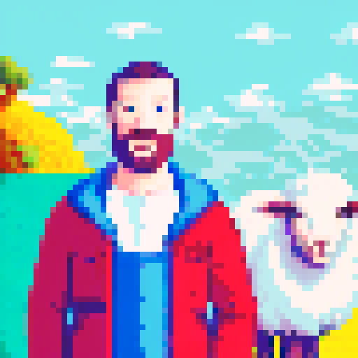 Rolling green hills dotted with sheep under a bright blue sky, a winding river flowing through the center of the landscape