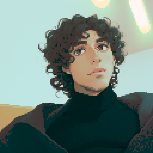 curly-haired man, black bulky turtleneck, cool tone background, pixelated details, vibrant colors, sRGB