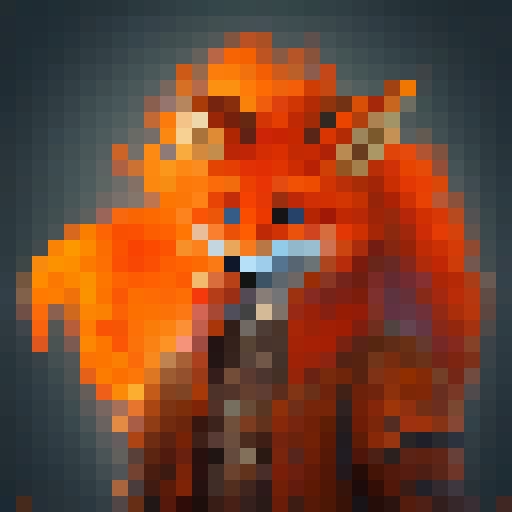 Orange fox warrior with a fiery mane, wielding a glowing sword, no background.  32x32 sprite. 