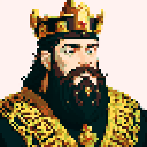 king, regal, crown, majestic, stoic expression, sharp features, detailed beard, gold accents, royal robe, intricate embroidery, game icon, 32x32 pixel art, sRGB, skill art, close up, portrait