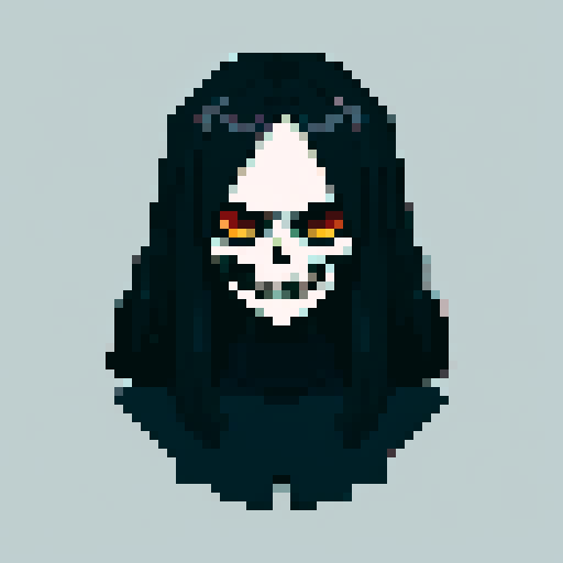 flat skull face, expressive eyes, dark colors, pixelated details, sRGB color space, blank background