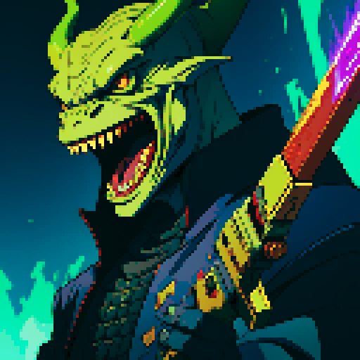antagonist character, giant lizardman with devil horns, evil smile, laser gun in hand, long tongue, sRGB, pixel art