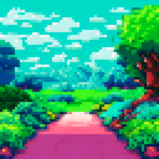 Tiny tree with vibrant green leaves, set against a pastel blue background reminiscent of a clear sky, nestled in a pixelated landscape of rolling hills and fields