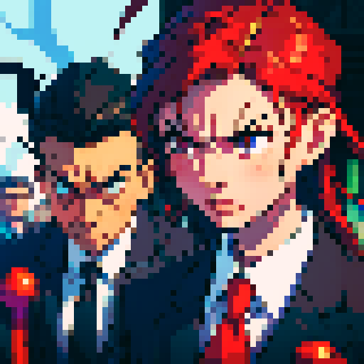 angry CEO with blading, vascular head wearing a suit and tie in sRGB pixel art style
