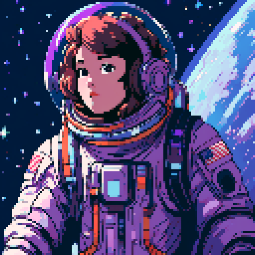 androgynous astronaut, vibrant spacesuit, floating gracefully, starry backdrop, nebula hues, pixelated stars, determined gaze, reflective clear visor, visible face, cosmic energy, self-discovery in space, medium-short/purple-brown hair, pixel art, sRGB