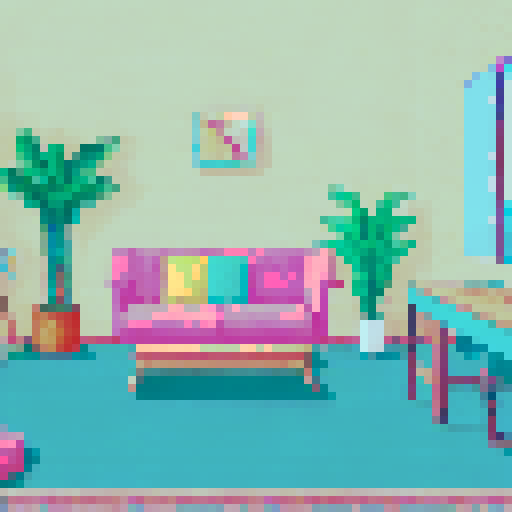 Living room with Tropical plants, vibrant colors, cozy furniture, natural light, palm tree wallpaper, pixelated patterns, retro television, sandy floor, wooden beams, rattan chairs, beach-inspired decor, sunset hues, scenic landscape, lush greenery, sRGB color scheme, pixel art details