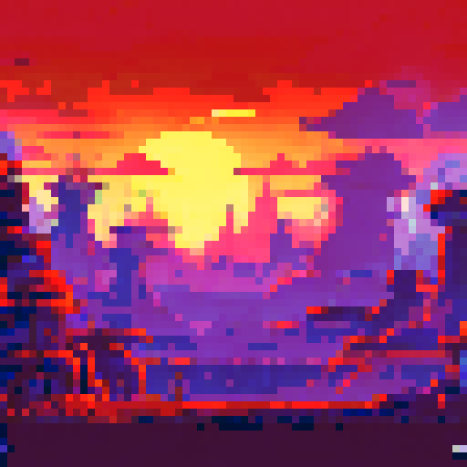 Futuristic robot factory with a run-down setting, apocalyptic atmosphere featuring a pixel art, sRGB landscape background