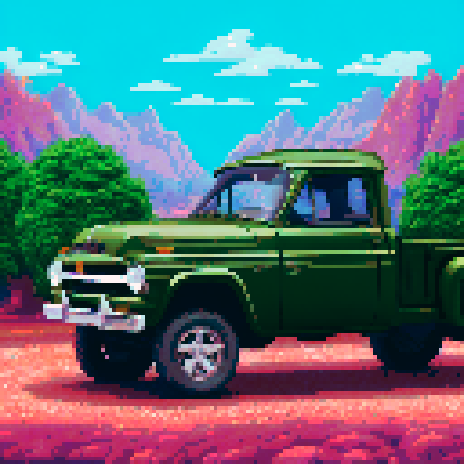 Photorealistic whole Ram pick-up, centered, three-quarter view, right front wheel, clean background, sRGB colors, pixel art style