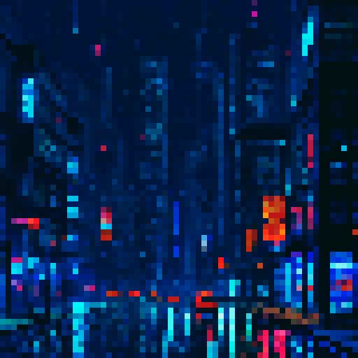 Neon skyscrapers towering over a bustling street, brightly lit signs reflecting off wet pavement, with cars and pedestrians rushing by in a pixelated, sRGB cityscape