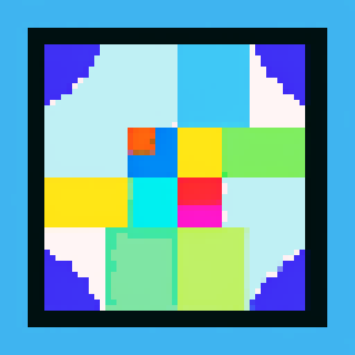 angled mirror, reflective surface, vibrant colors, blocky pixels, geometric shapes, digital art, 8-bit aesthetic, retro feel, sRGB color space, abstract composition, distorted reflection, symmetrical design