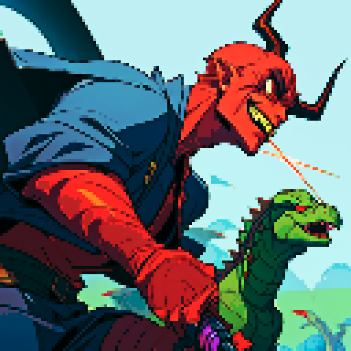 antagonist character, giant lizardman with devil horns, evil smile, laser gun in hand, long tongue, sRGB, pixel art