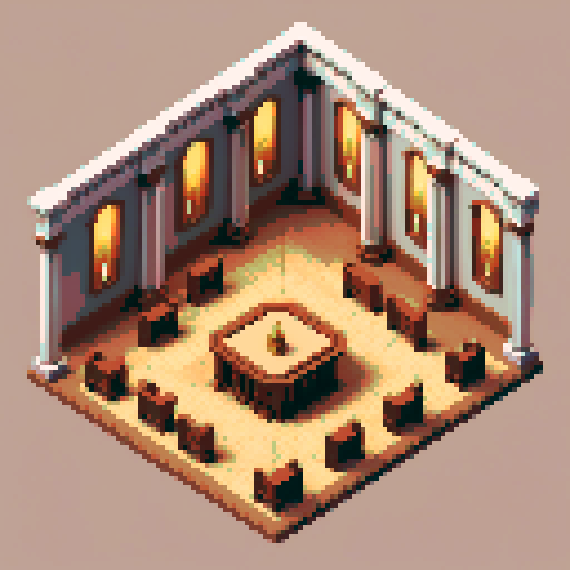 royal council, building, inside, block, wood, one discussion table, wooden interior, council room, columns, isometric