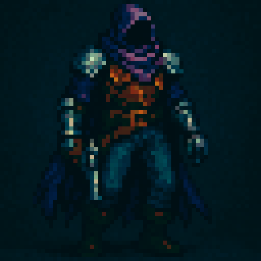mysterious gunslinger, metal shoulder pads, metal gauntlets, bluish gray pants, brown leather chest armor with yellow highlights, bright purple tattered cloak covering face, sRGB, pixel art