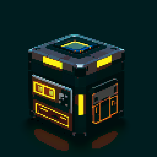 futuristic lootbox, rectangular, 2 tiers, glowing buttons, intricate details, pixel art style, sRGB