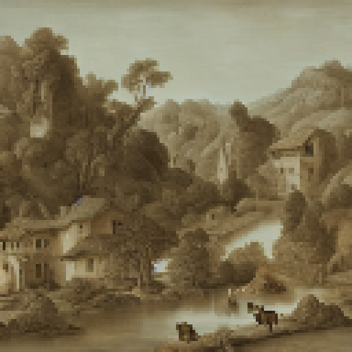 landscape with wood and stone buildings, people crafting and fighting monsters