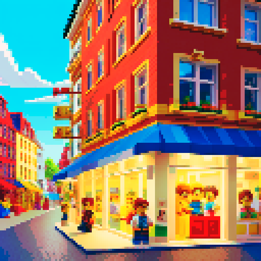 In front of the Lego store in the summer evening