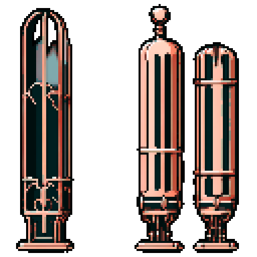 I want a tall vertical copper structure reminiscent of a organ pipe. It should have strange mechanical details that could interlock with each other. I also want this object usable an asset in a videogame, meaning only one object per image, outlined with a strong black stroke, on a solid-color background.