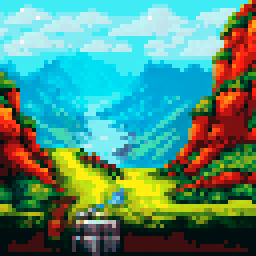 A rugged adventurer, standing atop a mountain peak, holds a gleaming silver key in their pixelated hand against a vibrant sRGB background of rolling hills and a stunning mountain landscape