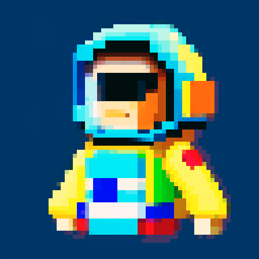 astronaut, pixelated spacesuit, vibrant colors, low resolution, blocky shapes, retro, 8-bit style, square pixels, limited color palette, sRGB