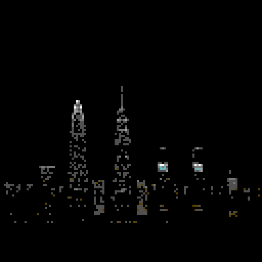 large skyscrapers at night, large black sky, white shining stars, viewed from afar, retro, nostalgic feel