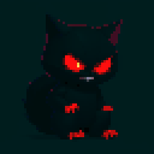 villainous animal, sharp claws, glowing red eyes, menacing grin, sleek fur, pixel art, black, white, gray, sRGB