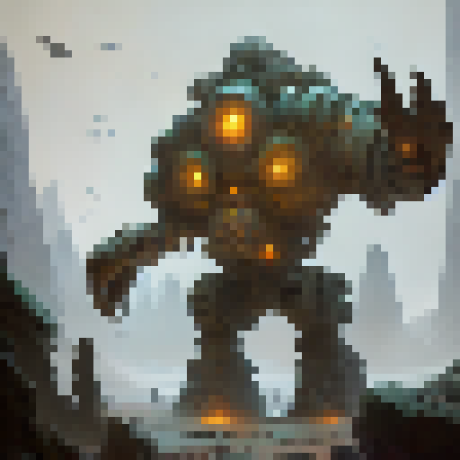 Rustic, earthy, and gritty.

        A towering Stone Golem emerges from the misty forest, its rough rocky exterior adorned with glowing emerald moss and veins of molten lava.