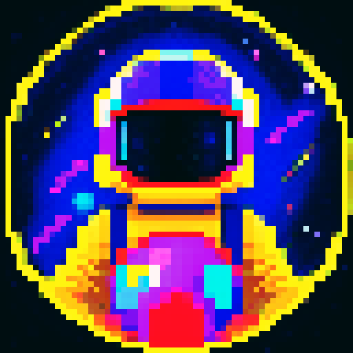 space traveler in vibrant pixel art spacesuit, with a helmet showcasing a reflective visor, surrounded by swirling galaxies, twinkling stars, and celestial wonders, all rendered in space color palette.