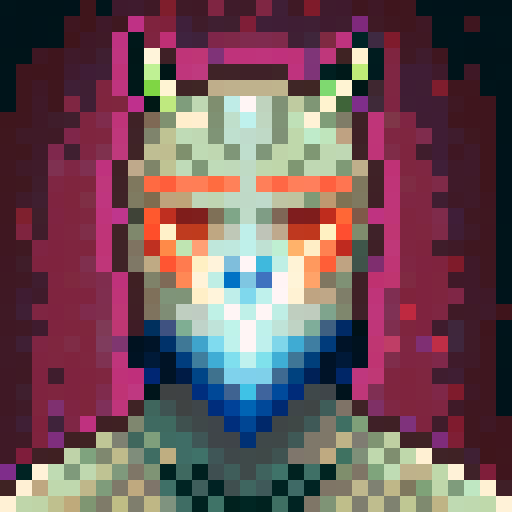Fierce warrior with glowing blue eyes, sharp horns, and flowing red hair, rendered in a skillful pixel art style, framed in a close-up portrait perfect for a game icon