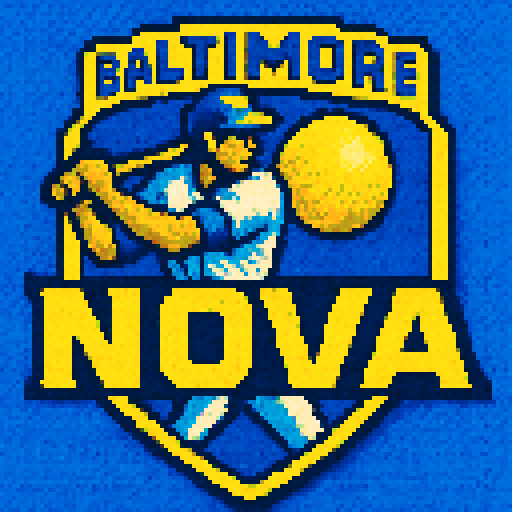 Pixel art of a fictional baseball team called the Baltimore Nova. yellow, blue, and white, sharp outlines, and soft pixel shading. The logo design mimics 80s MLB logos. Use a vibrant Sega Genesis 16-bit style with selective dithering, geometric forms, and nostalgic retro charm. Avoid modern gradients—keep it pure pixel art.