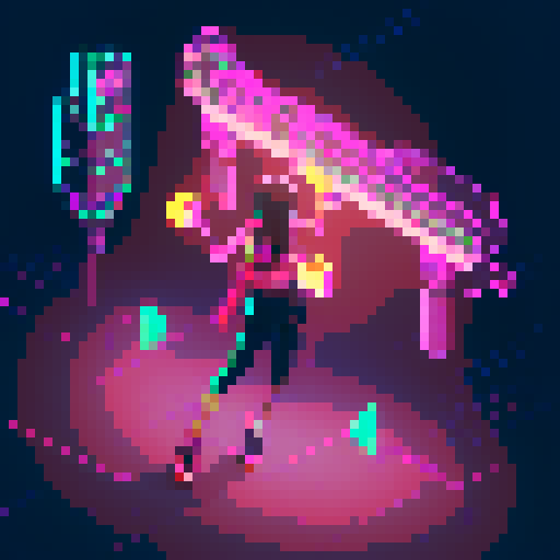 Street Mage anime girl with flowing hair, fluorescent tattoos, and a pixelated sniper rifle, navigating through a purple neon-lit night market and an sRGB glow