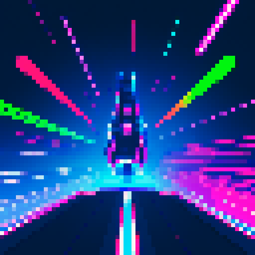 spaceship zooming, vibrant colors, retro aesthetic, blocky pixels, dynamic motion, futuristic design, glowing lights, starry background, pixelated explosions, 8-bit graphics, crisp lines, geometric shapes, low resolution, high contrast, detailed sprites, sci-fi atmosphere, neon accents, fast-paced action, arcade-inspired, sleek contours, luminous trails, retro gaming vibes, immersive experience, visually striking, nostalgic feel