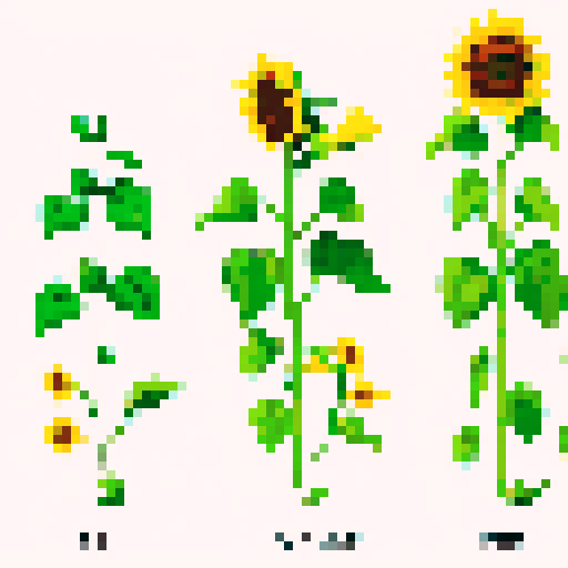 sunflower, vibrant yellow petals, simple pixel art, sRGB color palette, delicate green leaves, transparent background 4 stages of growth